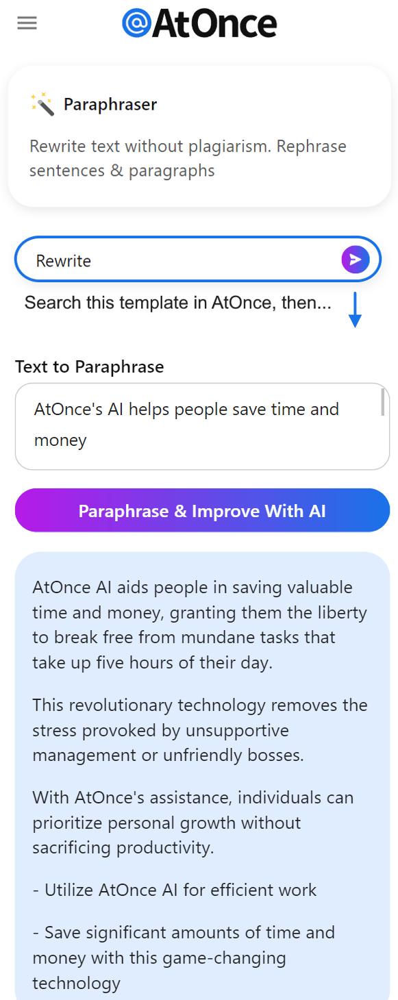 AtOnce AI paraphrasing tool